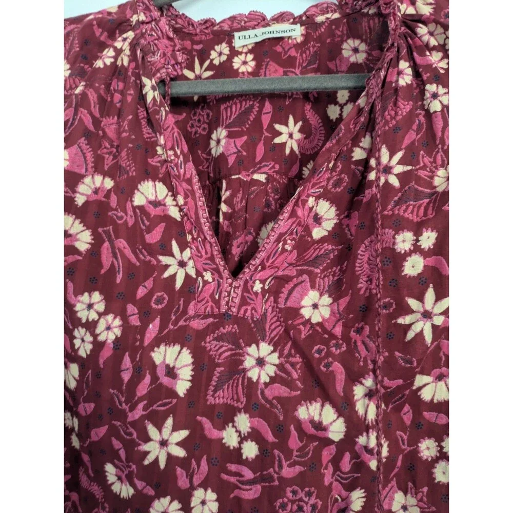 Ulla Johnson Azalea Blouse Ruffle Tassels Red Pink Floral Size 6 - Picture 5 of 8
